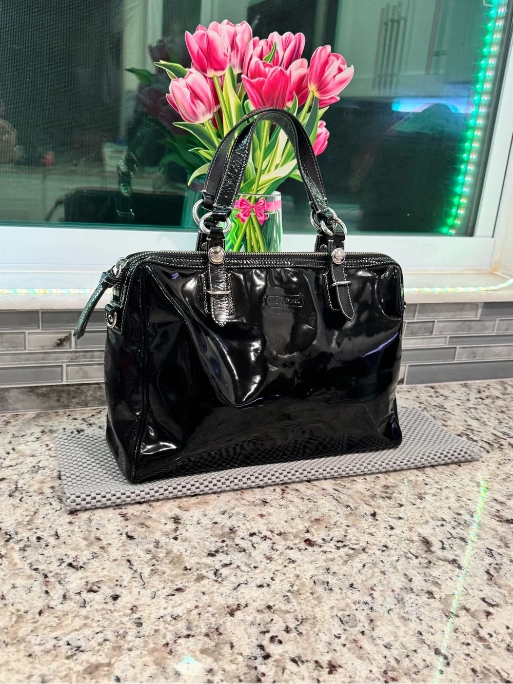 Coach Nancy Black Patent Leather Tote with Gloss Finish